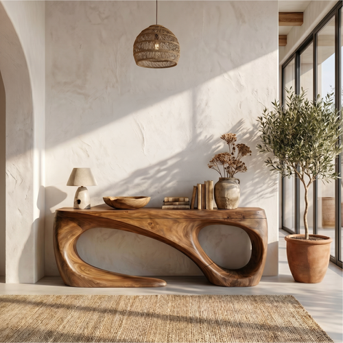 Rustic Solid Wood Console Table with Flowing Sculptural Base
