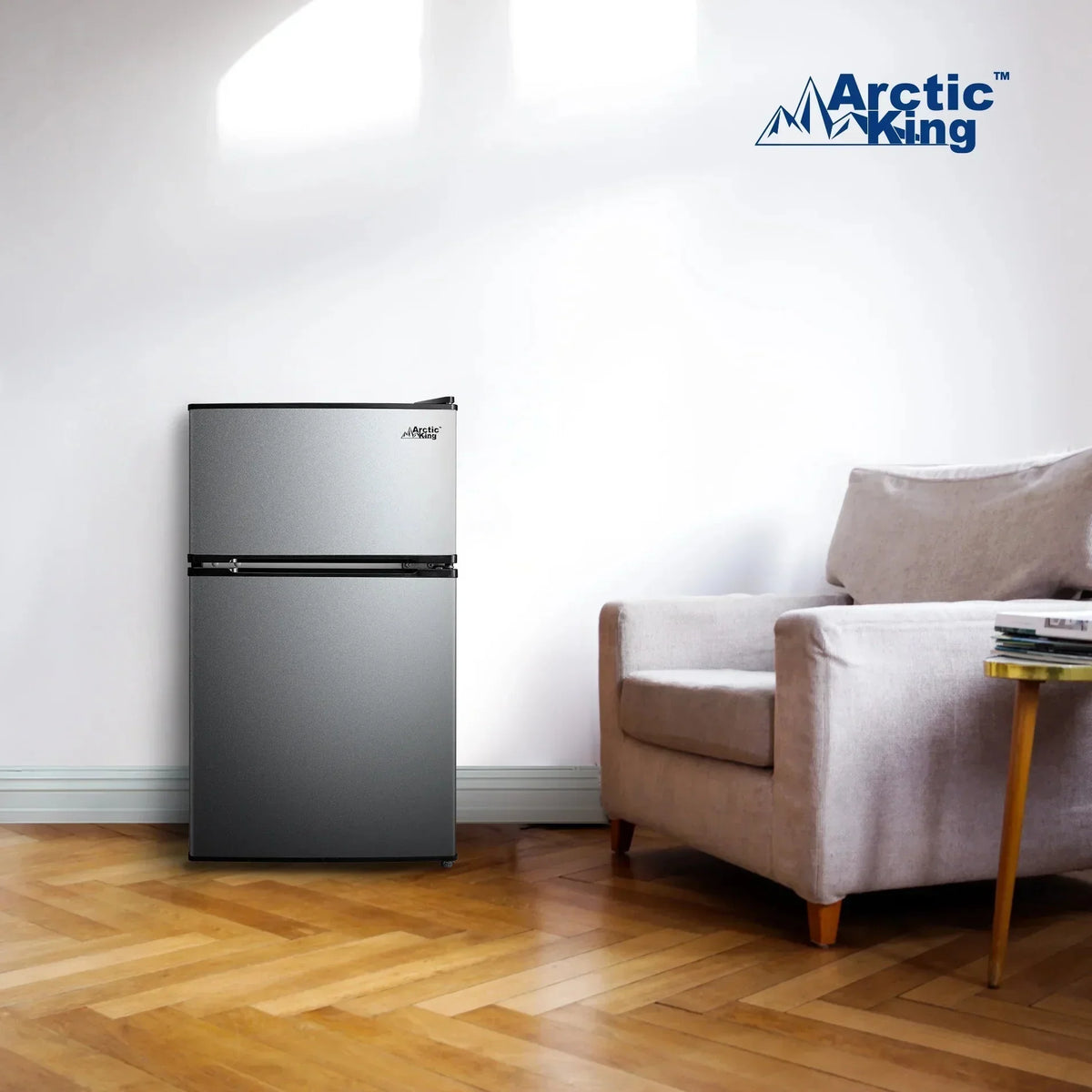 Arctic King Two-Door Mini Fridge With Freezer, 3.2 Cu. Ft., Stainless Steel