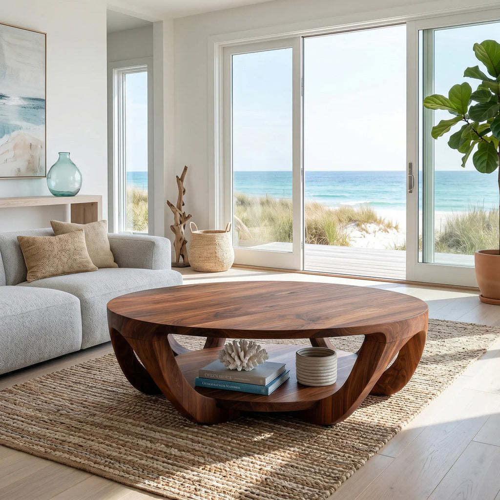 Round Solid Wood Coffee Table with Open Shelf Base