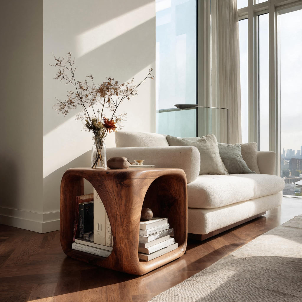 Solid Wood Waterfall Side Table with Open Hollow Center