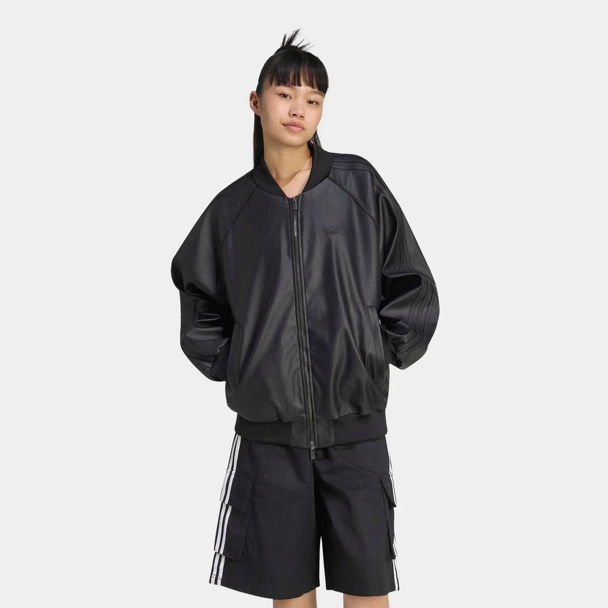 Women's Oversized Faux Leather Track Jacket
