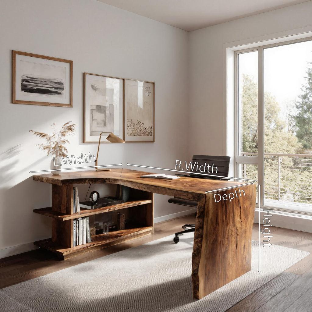 Solid Wood L-Shaped Desk with Built-In Bookshelf and Live Edge - view 8