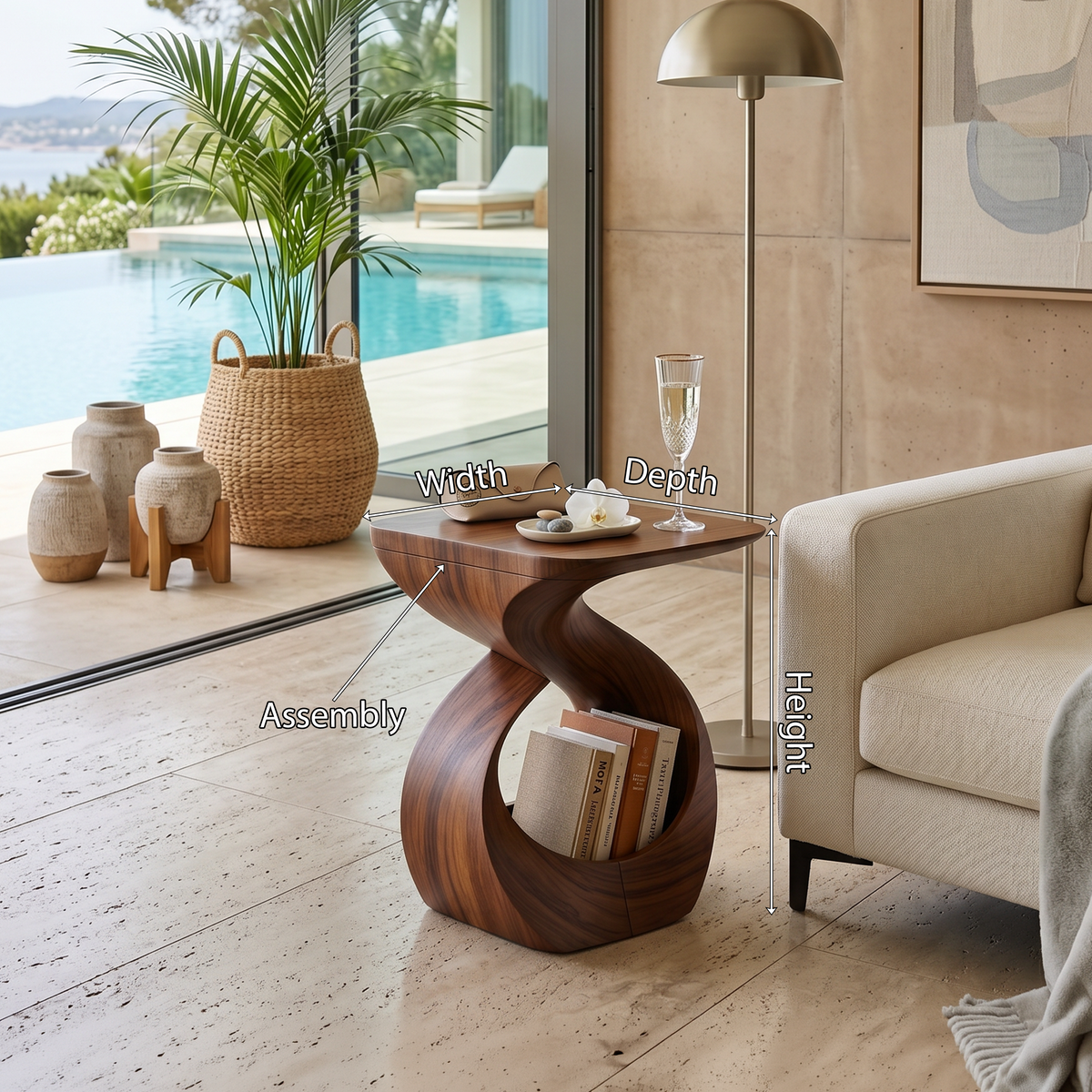 Contemporary Curved Solid Wood End Table with Open Sculptural Base - view 8