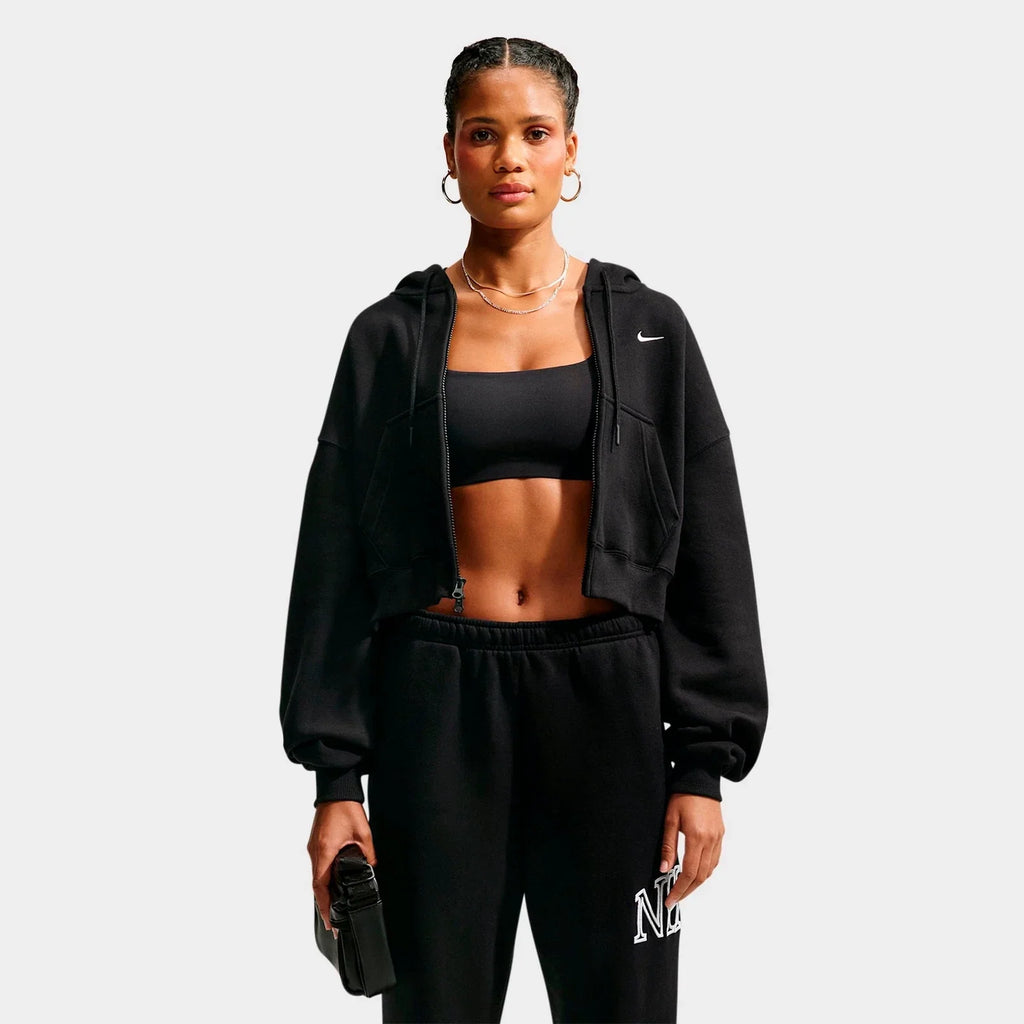Women's Oversized Cropped Fleece Zip Hoodie - Black