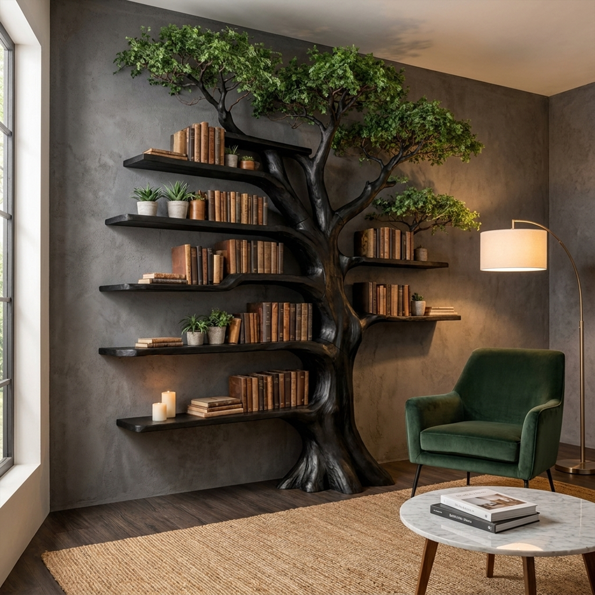 Solid Wood Tree Bookcase with Built-In Reading Bench in Black finish