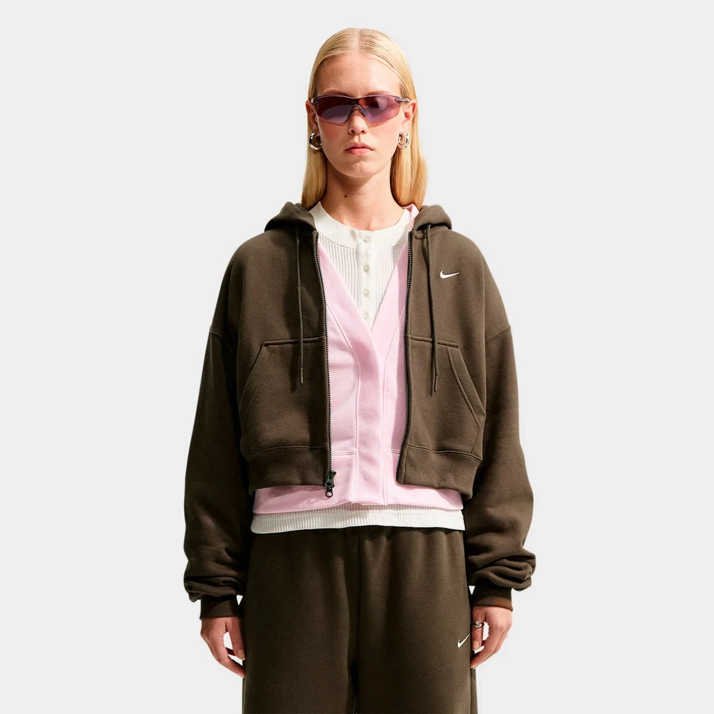 Women's Oversized Cropped Fleece Zip Hoodie - Brown