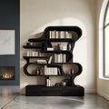 Curved Sculptural Solid Wood Bookshelf with Layered Shelves in Black finish
