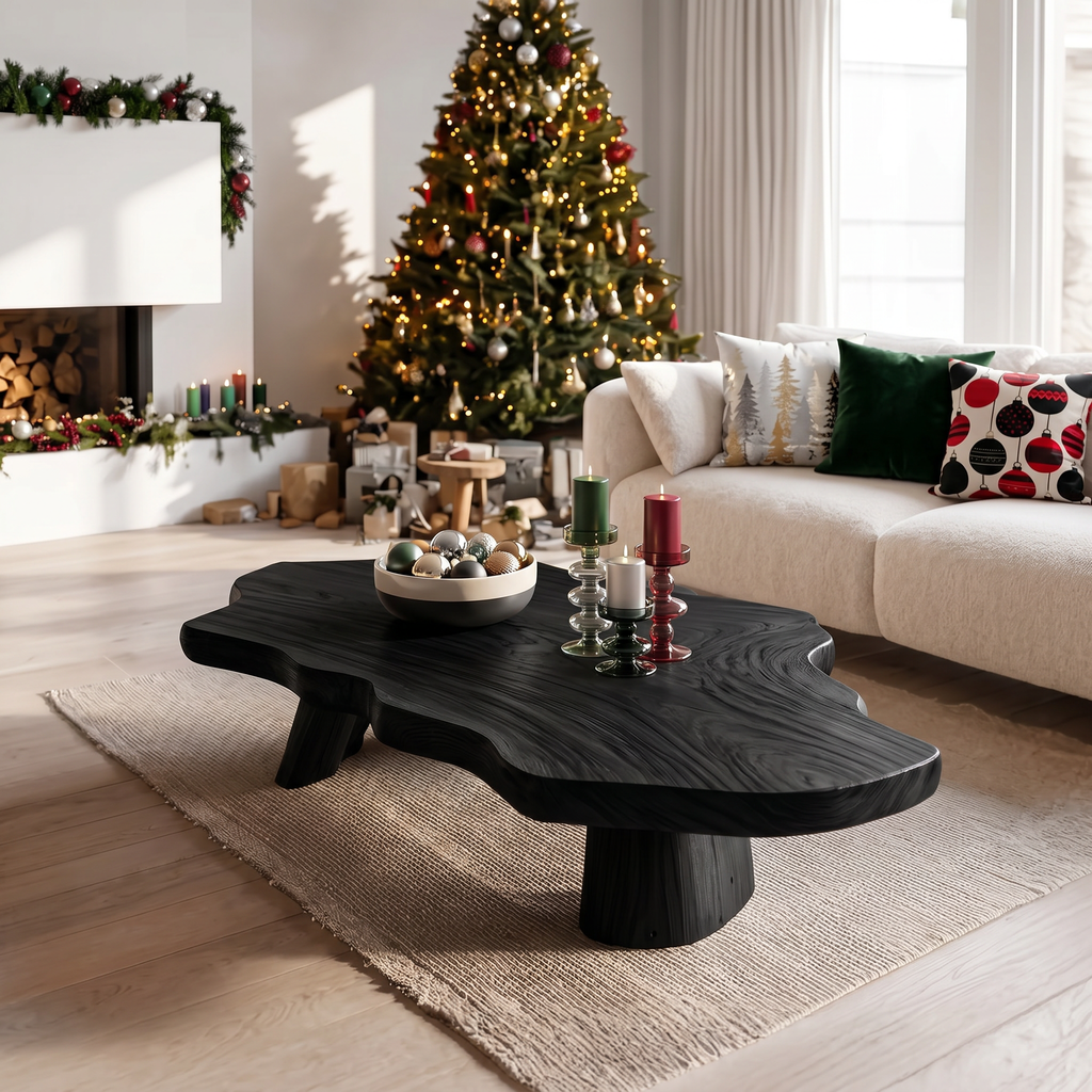 Live Edge Driftwood Coffee Table with Mid-Century Rustic Style in Black finish