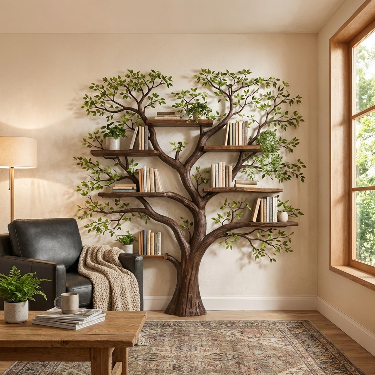 Tree Branch Wall Bookcase with Floating Shelves, 70 x 70 in in Walnut finish
