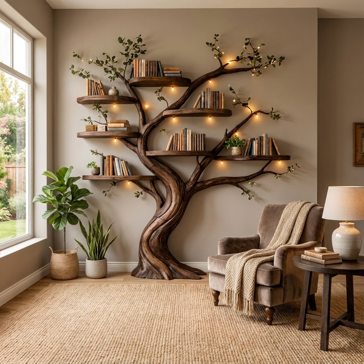 Tree Branch Floating Bookshelf Wall Display for Living Room in Walnut finish