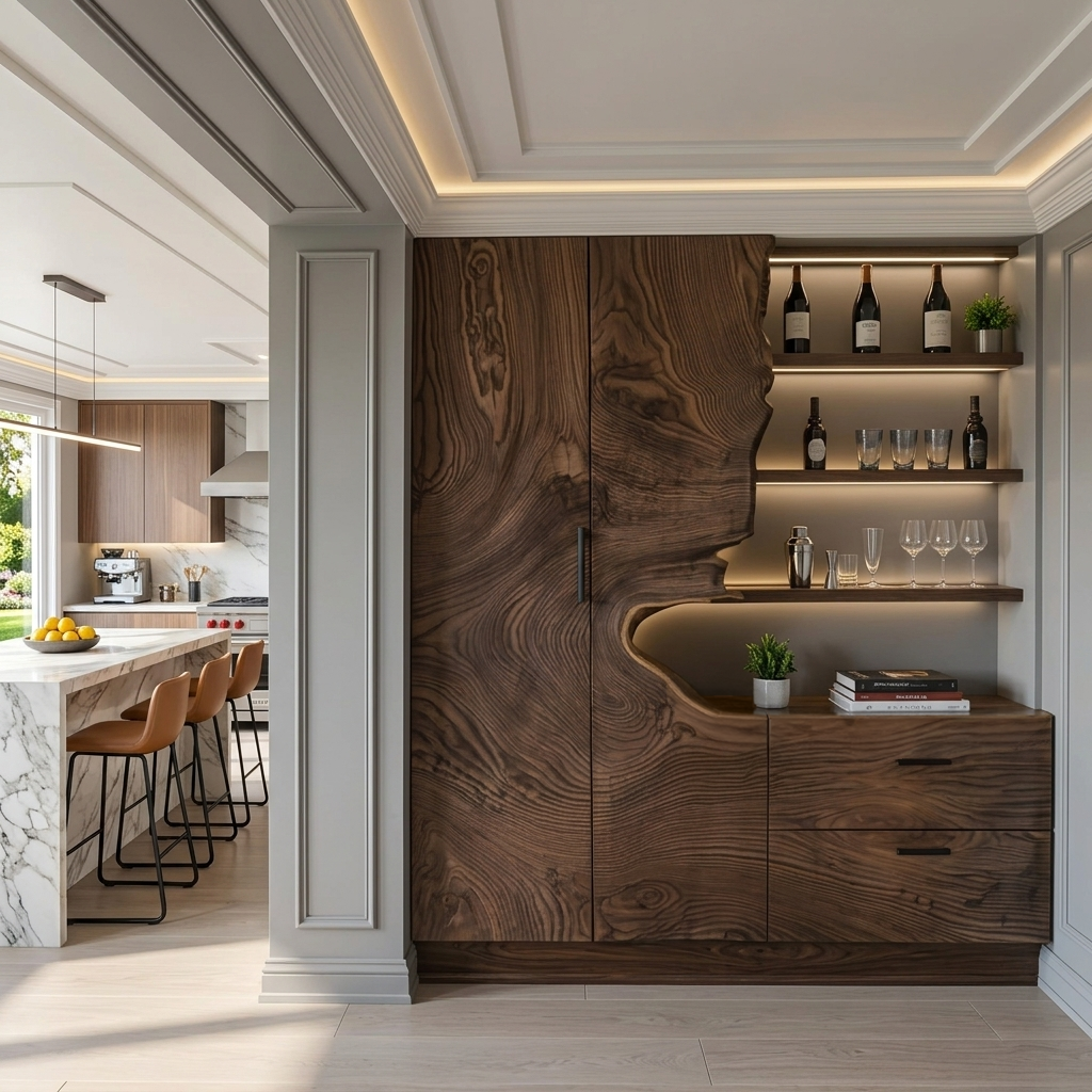 Carved Solid Wood Bar Cabinet with Wine Storage in Walnut finish