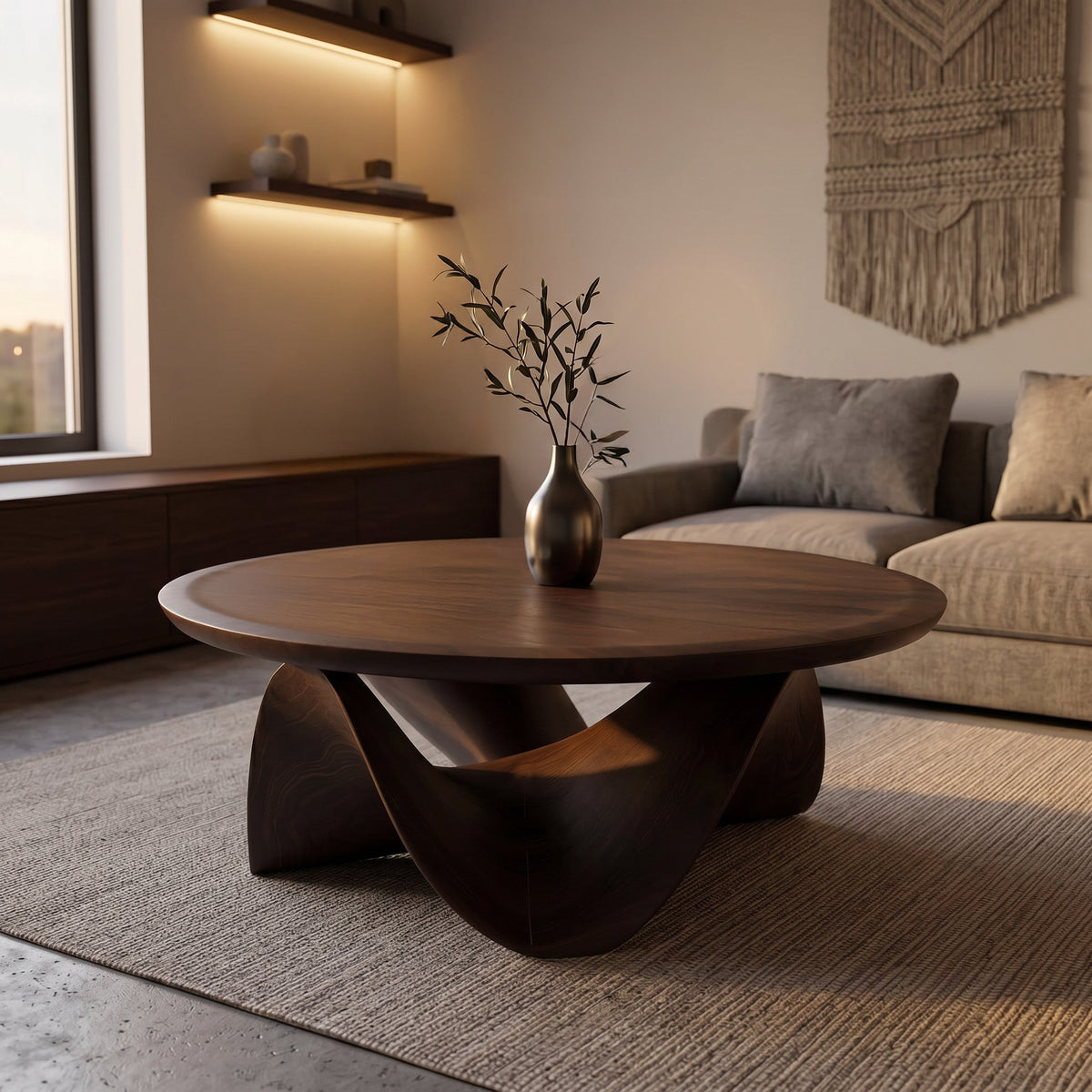 Round Solid Wood Coffee Table with Flowing Sculptural Base in Walnut finish
