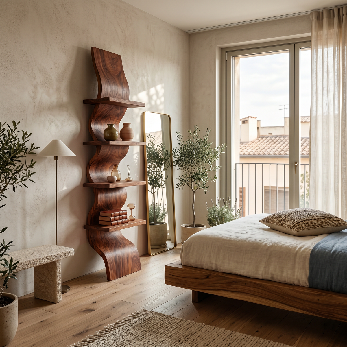 Curved Wave Solid Wood Floating Shelf with Central Spine in Walnut finish