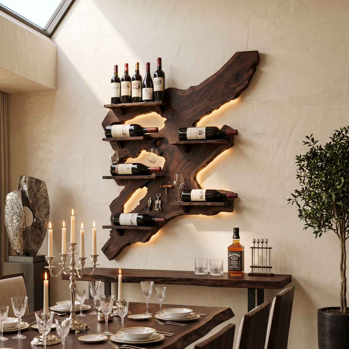 Rustic Monkey Pod Wood Wall Wine Rack for Home Bar in Walnut finish