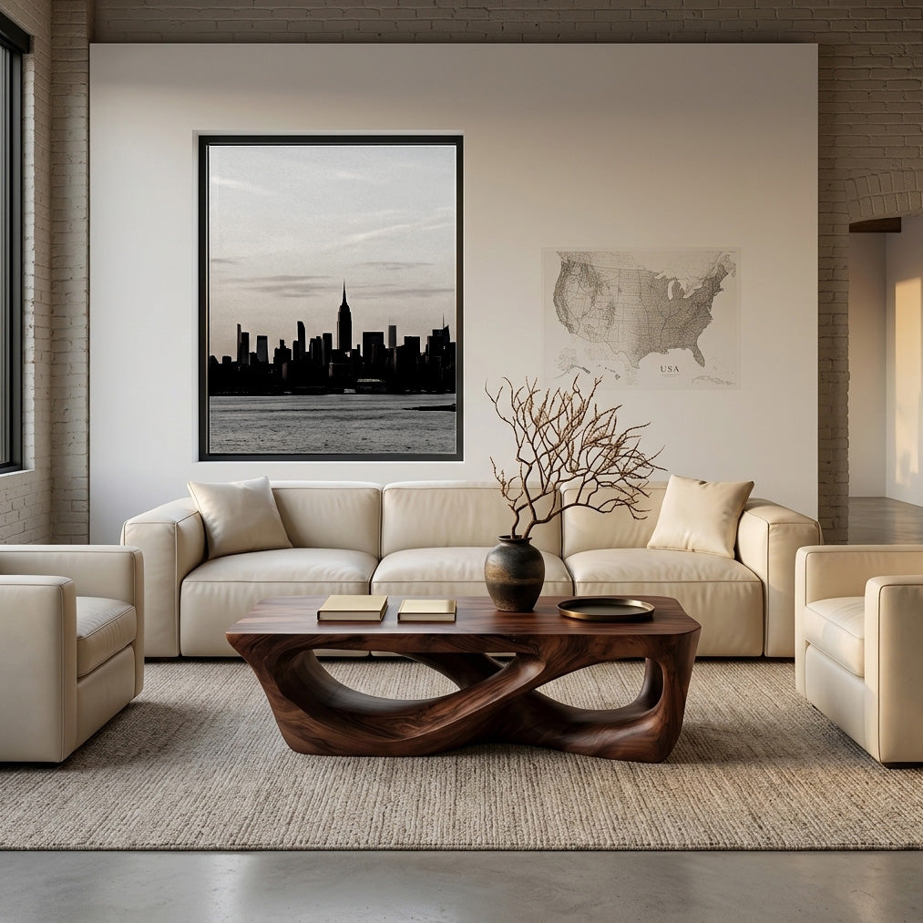 Minimalist Solid Wood Coffee Table with Open Sculpted Base in Walnut finish