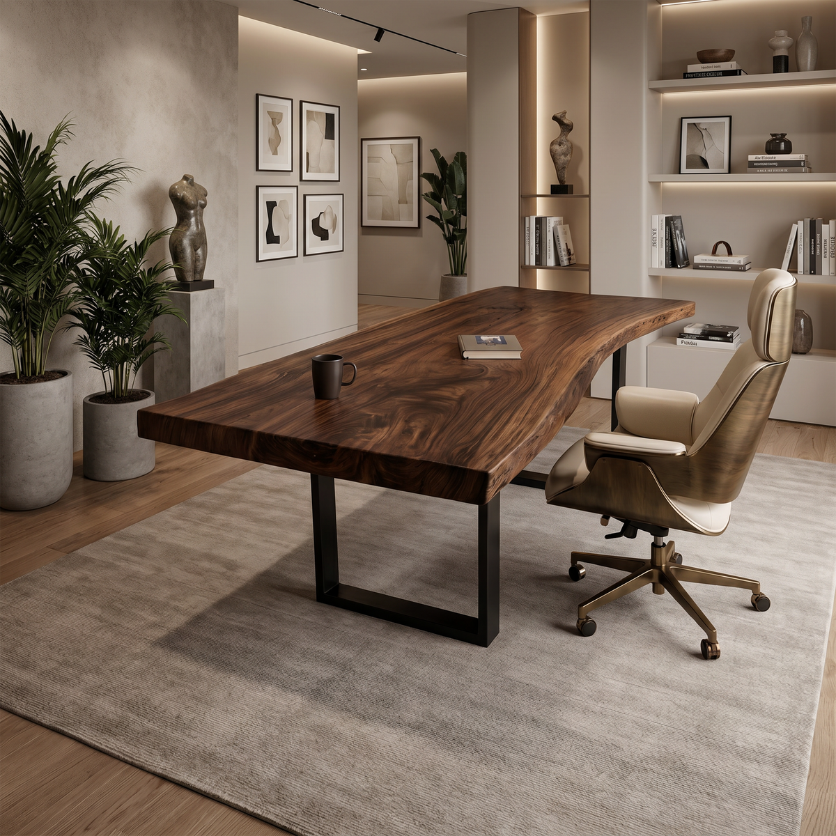 Monkey Pod Live Edge Desk with Mid-Century Base for Home Office in Walnut finish
