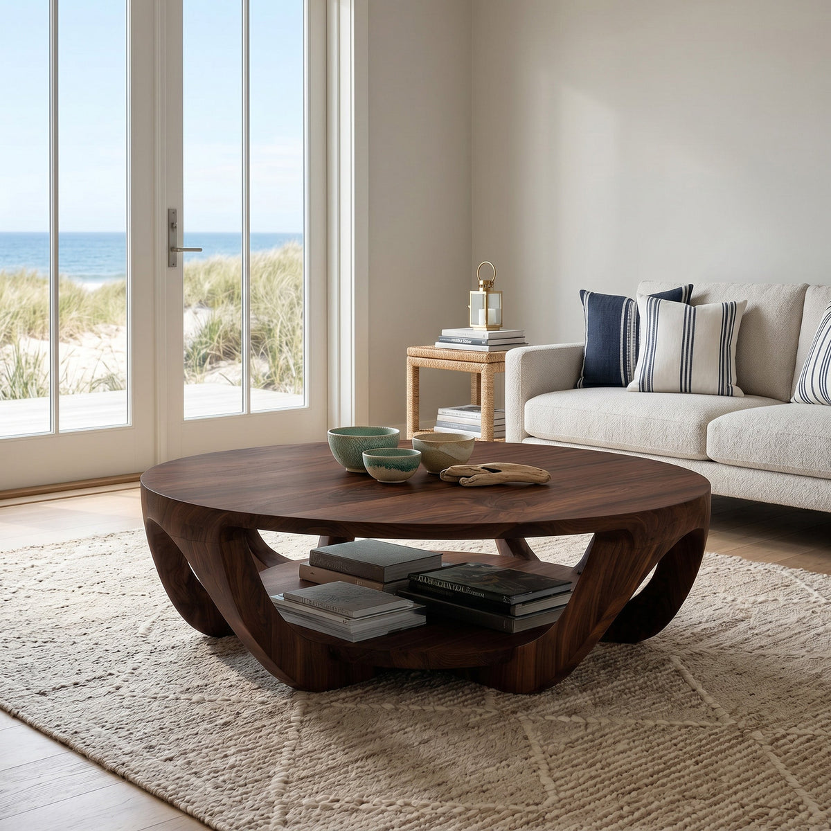 Round Solid Wood Coffee Table with Open Shelf Base in Walnut finish