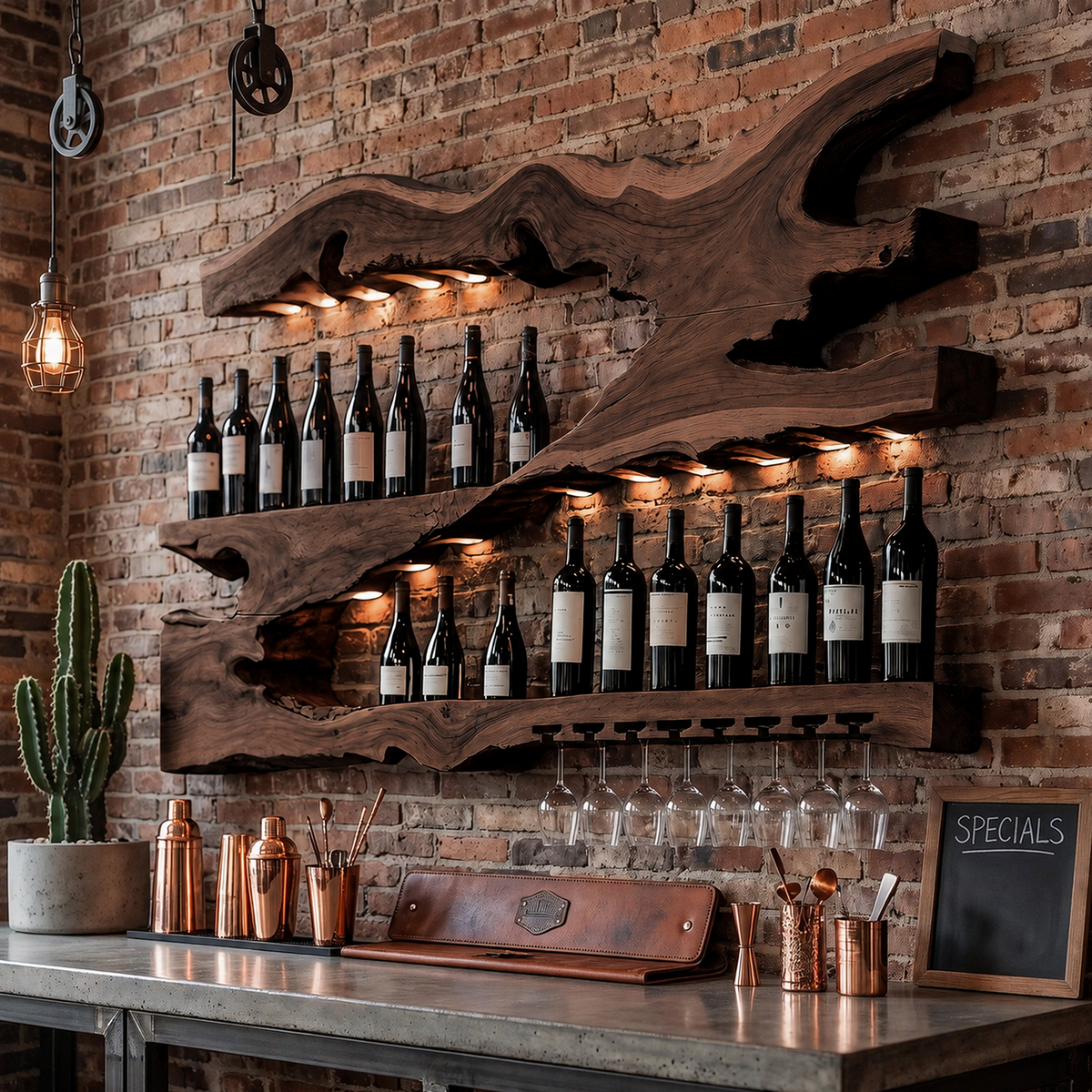 Mid-Century Monkeypod Wood Wall Wine Rack with Minimalist Shelf in Walnut finish