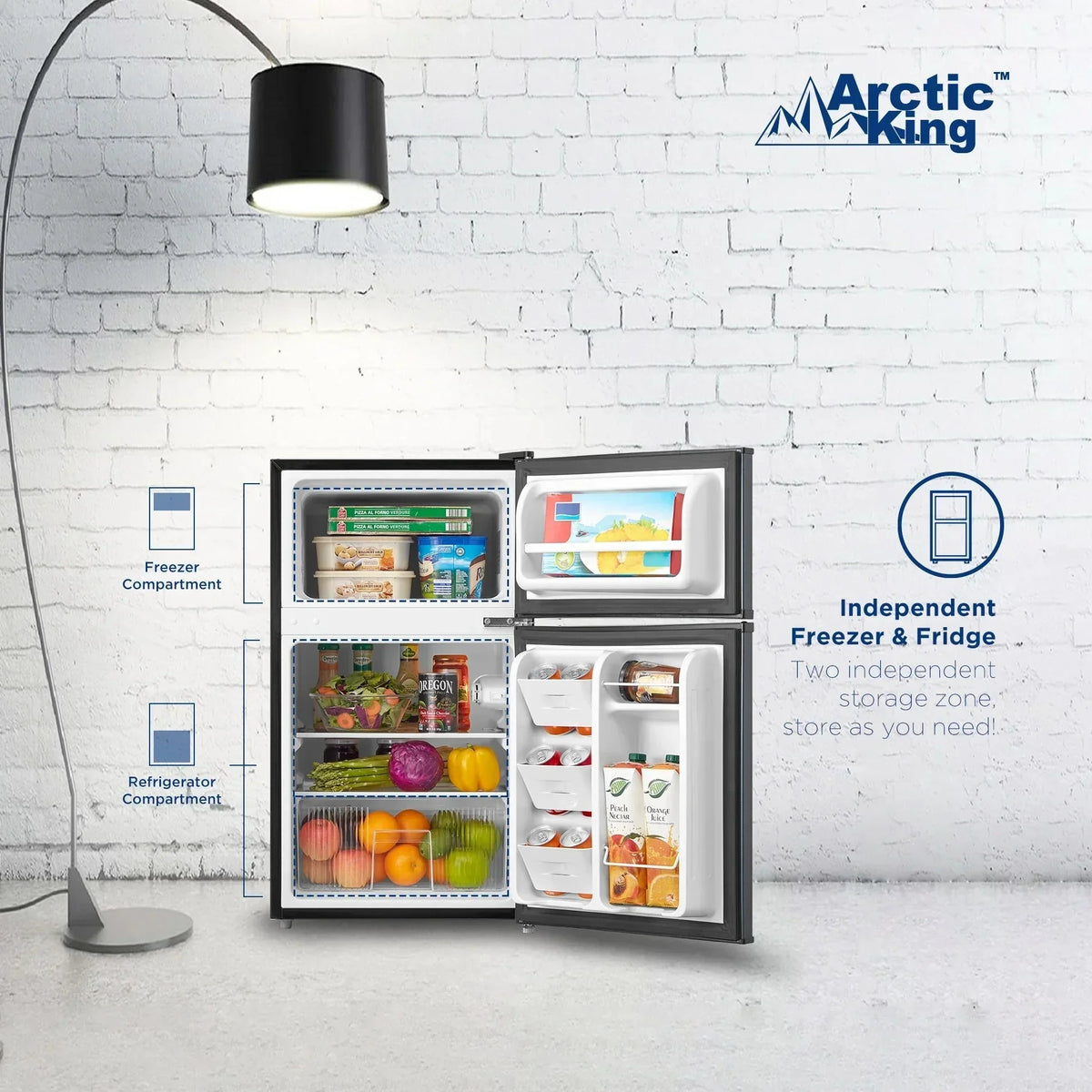 Arctic King Two-Door Mini Fridge With Freezer, 3.2 Cu. Ft., Stainless Steel