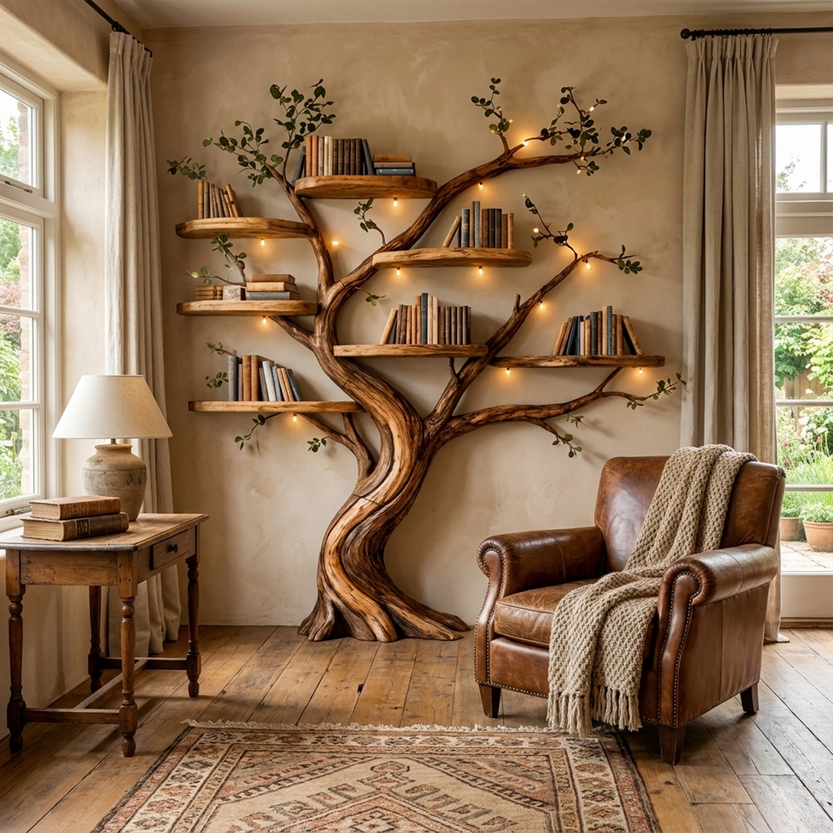 Tree Branch Floating Bookshelf Wall Display for Living Room in Brown finish