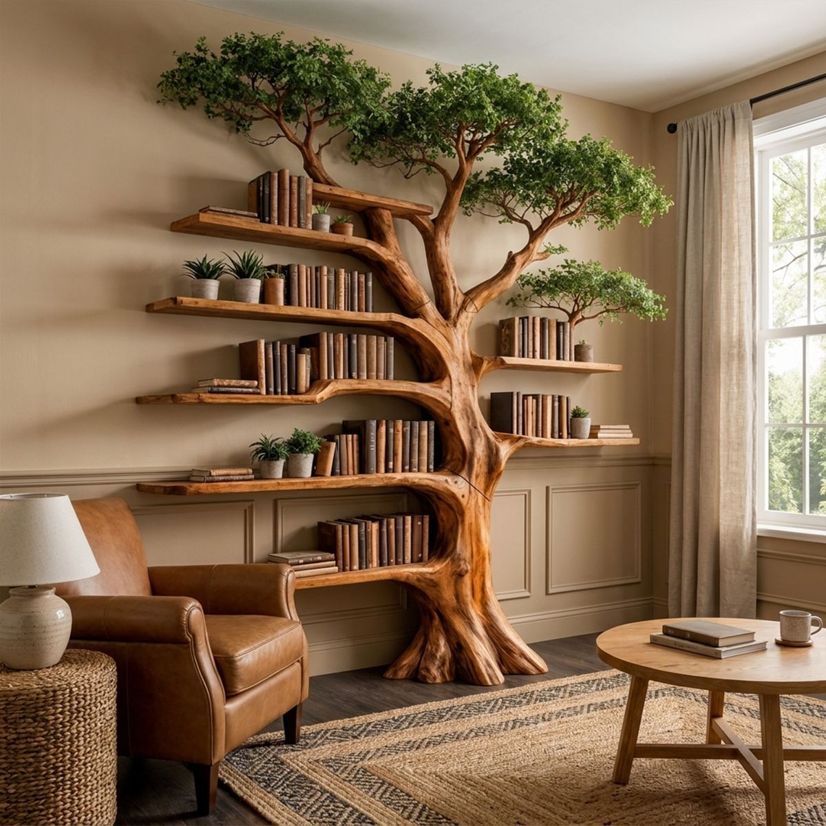 Solid Wood Tree Bookcase with Built-In Reading Bench in Brown finish