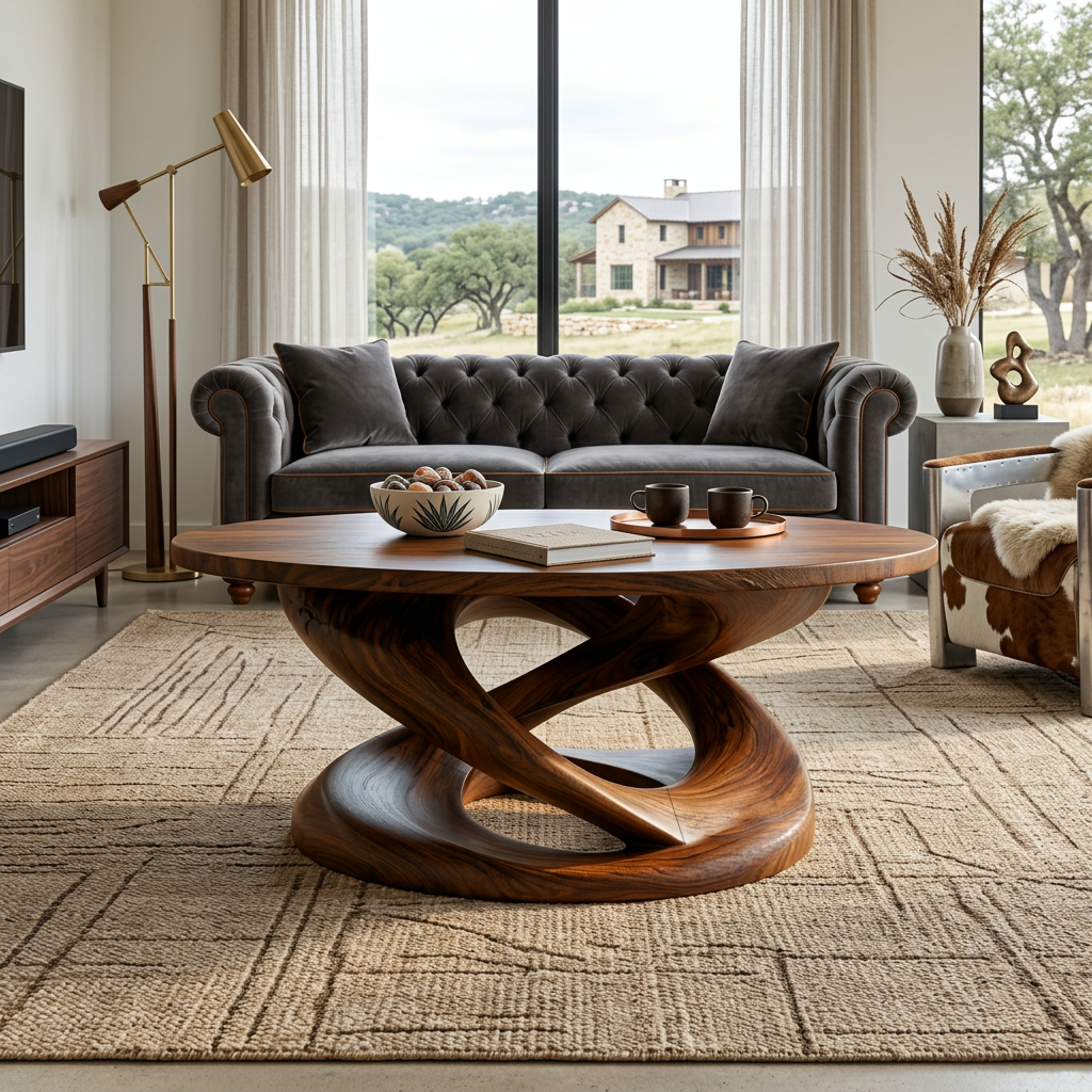 Round Solid Wood Coffee Table with Twisted Sculptural Pedestal in Brown finish