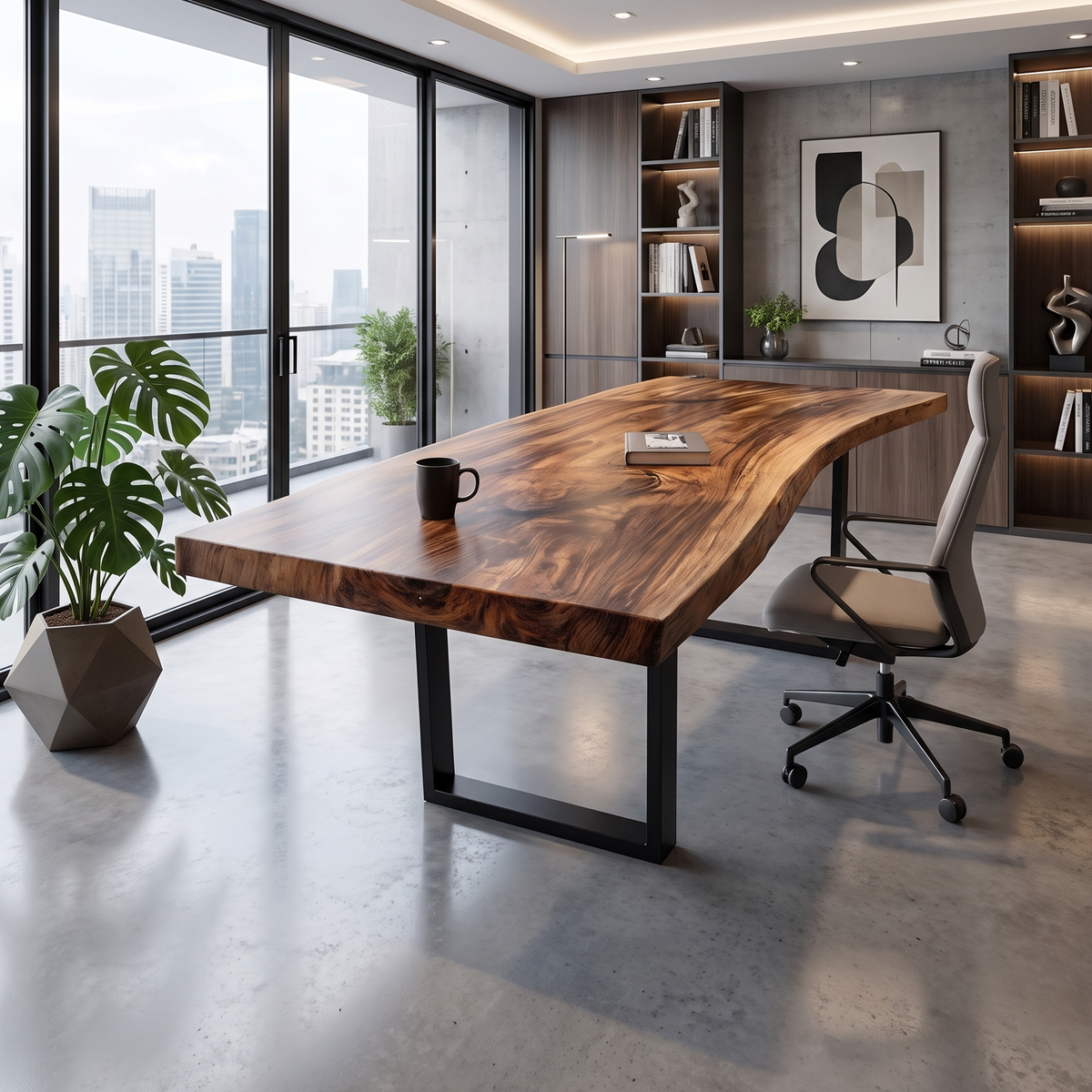Monkey Pod Live Edge Desk with Mid-Century Base for Home Office in Brown finish