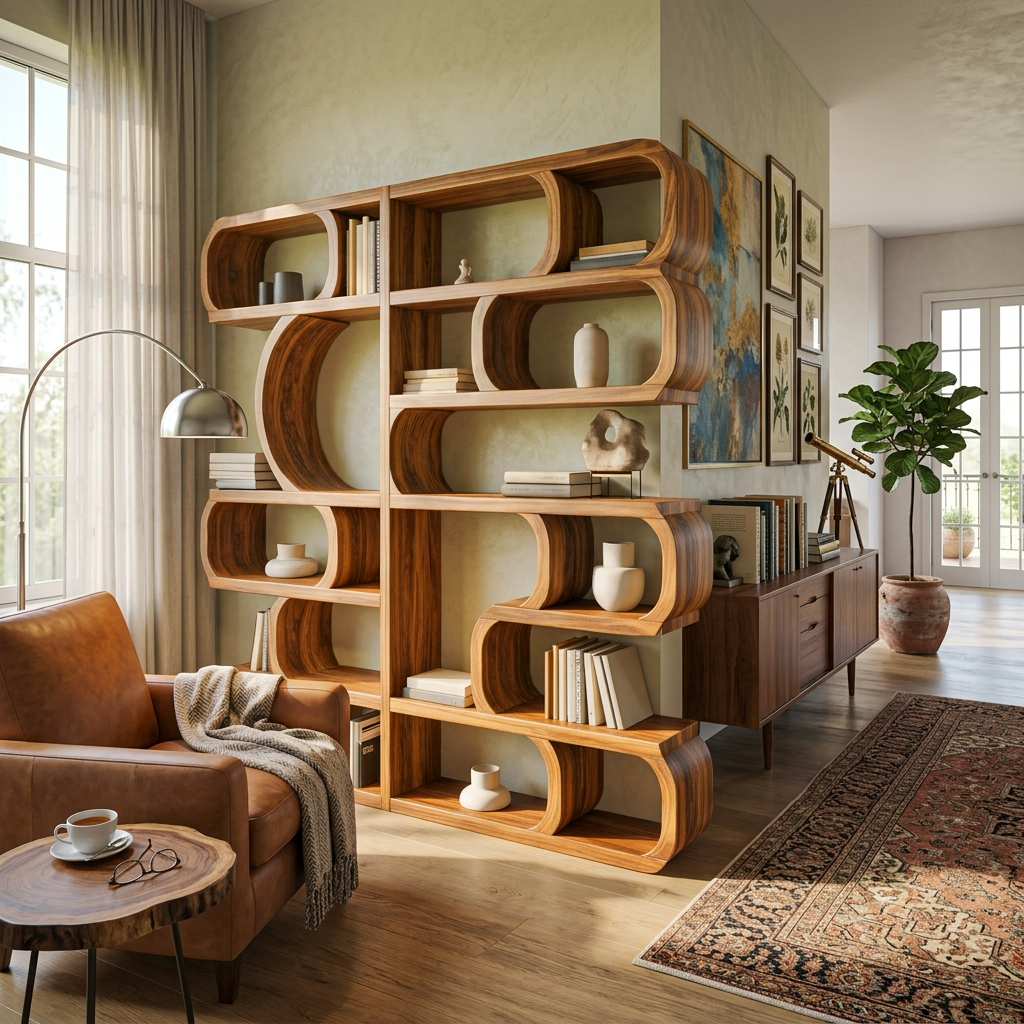Modern Sculptural Solid Wood Bookshelf with Symmetrical Curves in Brown finish
