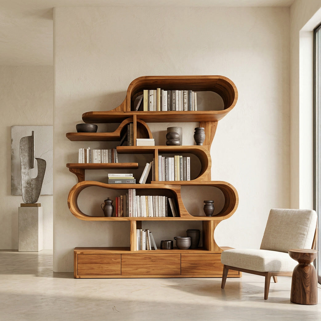 Curved Sculptural Solid Wood Bookshelf with Layered Shelves in Brown finish