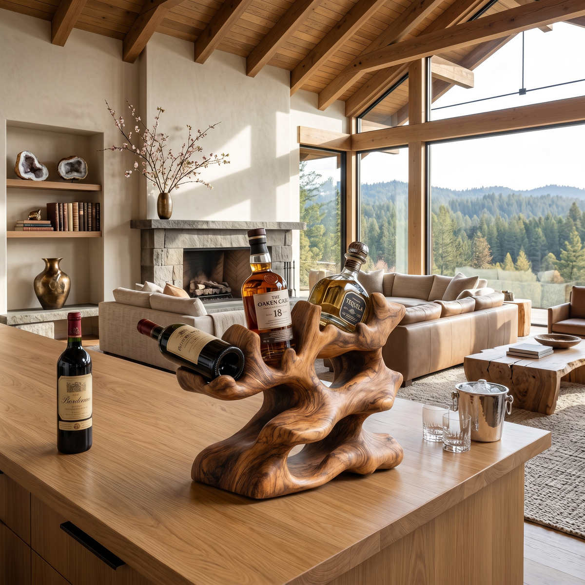 Rustic Monkeypod Wood Countertop Wine Rack for Kitchen Islands in Brown finish