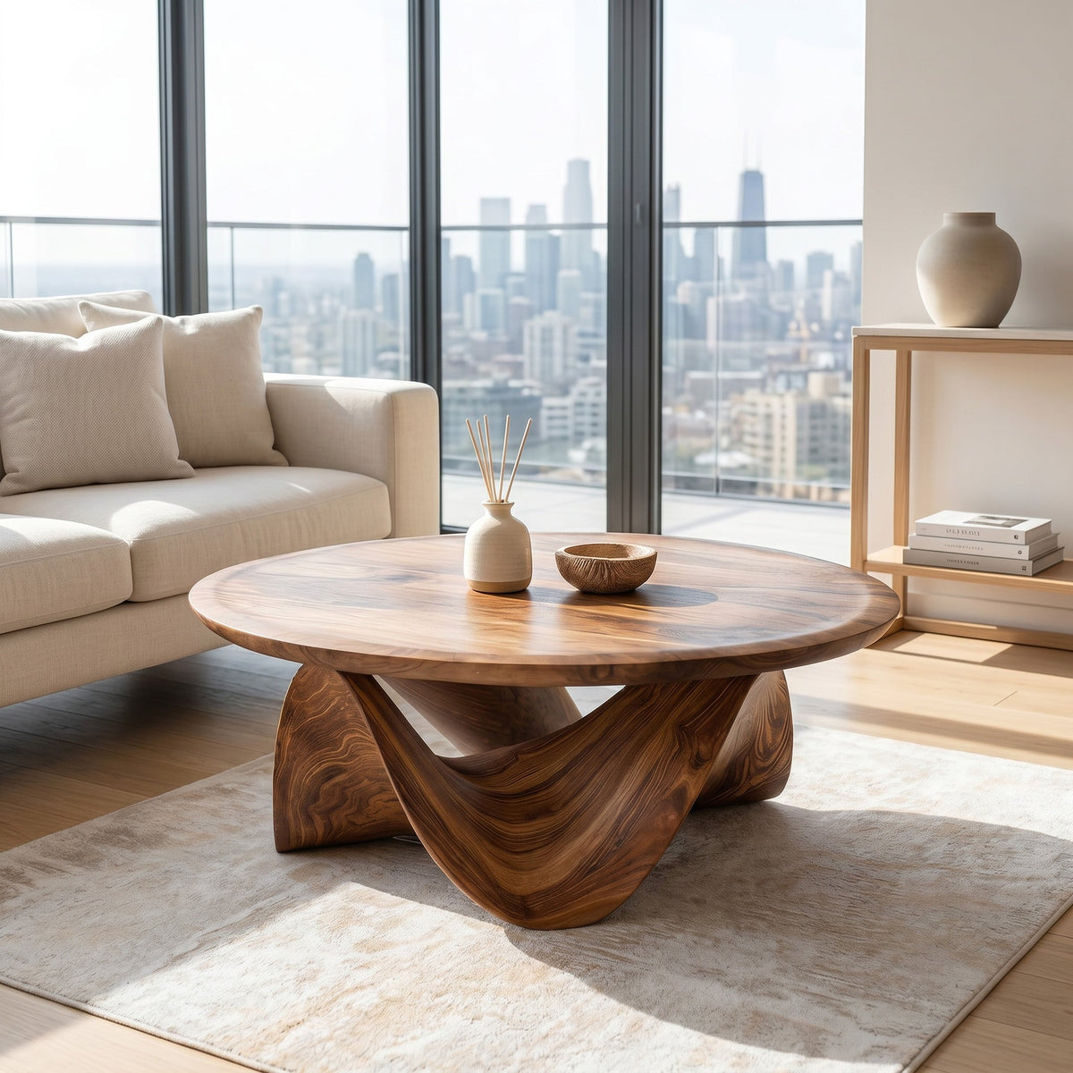 Round Solid Wood Coffee Table with Flowing Sculptural Base in Brown finish