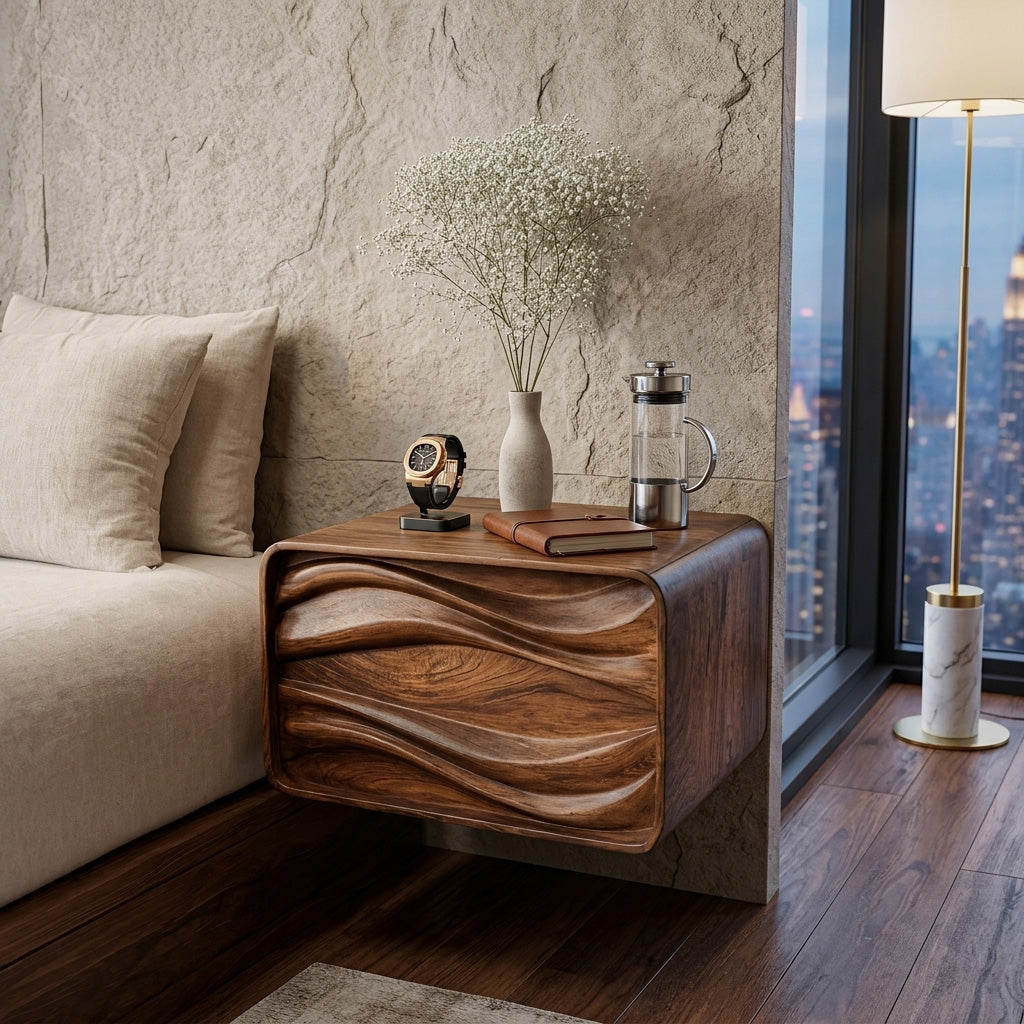Floating Wall Mounted Nightstand with Carved Wave Drawer in Brown finish