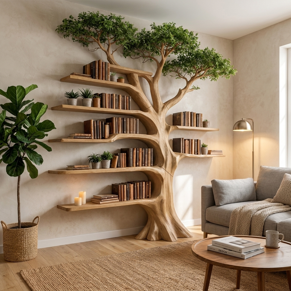 Solid Wood Tree Bookcase with Built-In Reading Bench in Oak finish