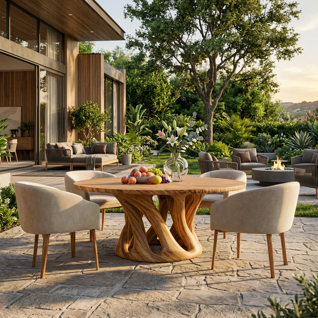 Solid Wood Round Dining Table with Intertwined Sculptural Pedestal in Oak finish