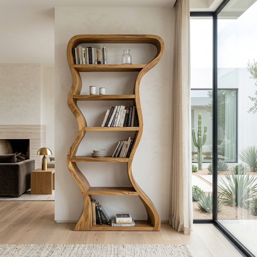 Tall Wavy Solid Wood Bookshelf with Organic Sculpted Sides in Oak finish