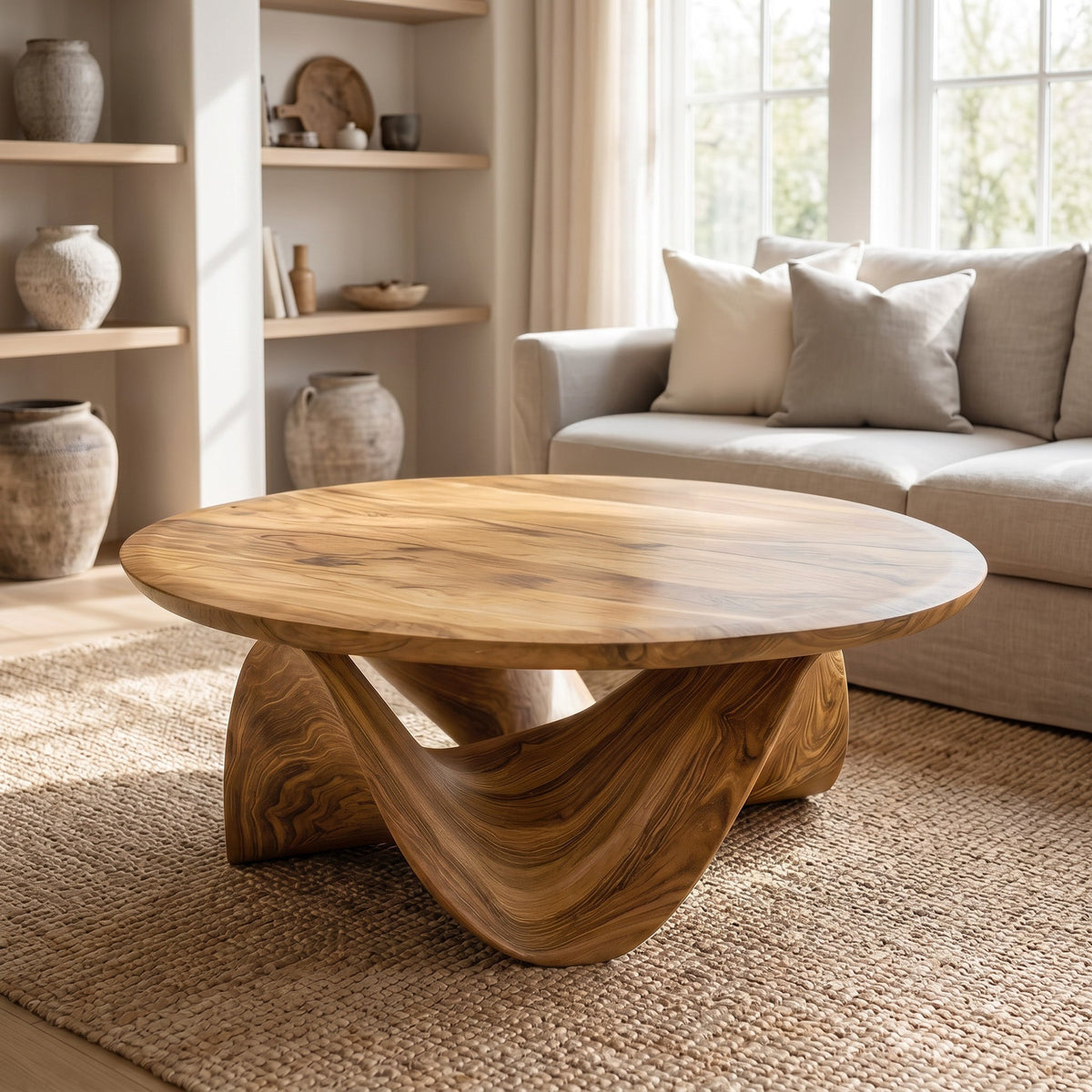 Round Solid Wood Coffee Table with Flowing Sculptural Base in Oak finish