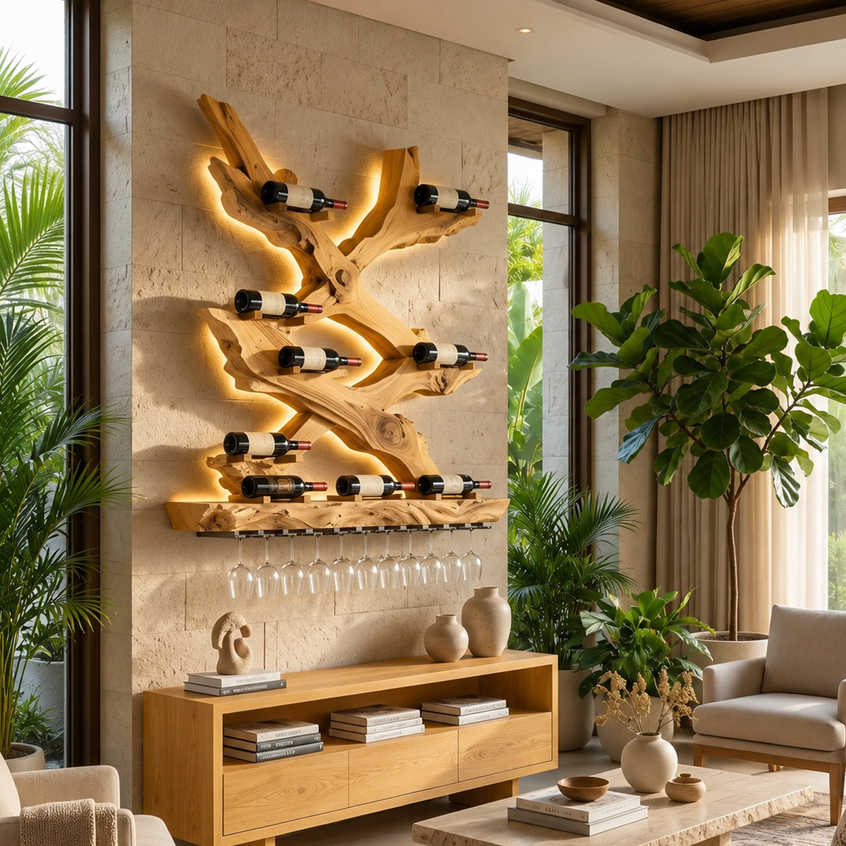 Monkeypod Wood Wall Wine Rack with Mid-Century Rustic Style in Oak finish