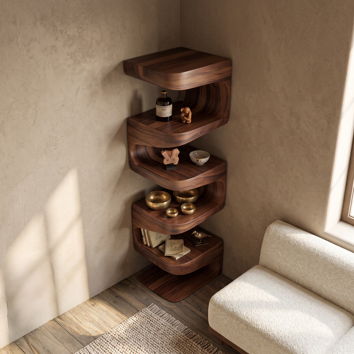 Modern Corner Wave Bookshelf in Solid Wood with Tiered Shelves - view 2