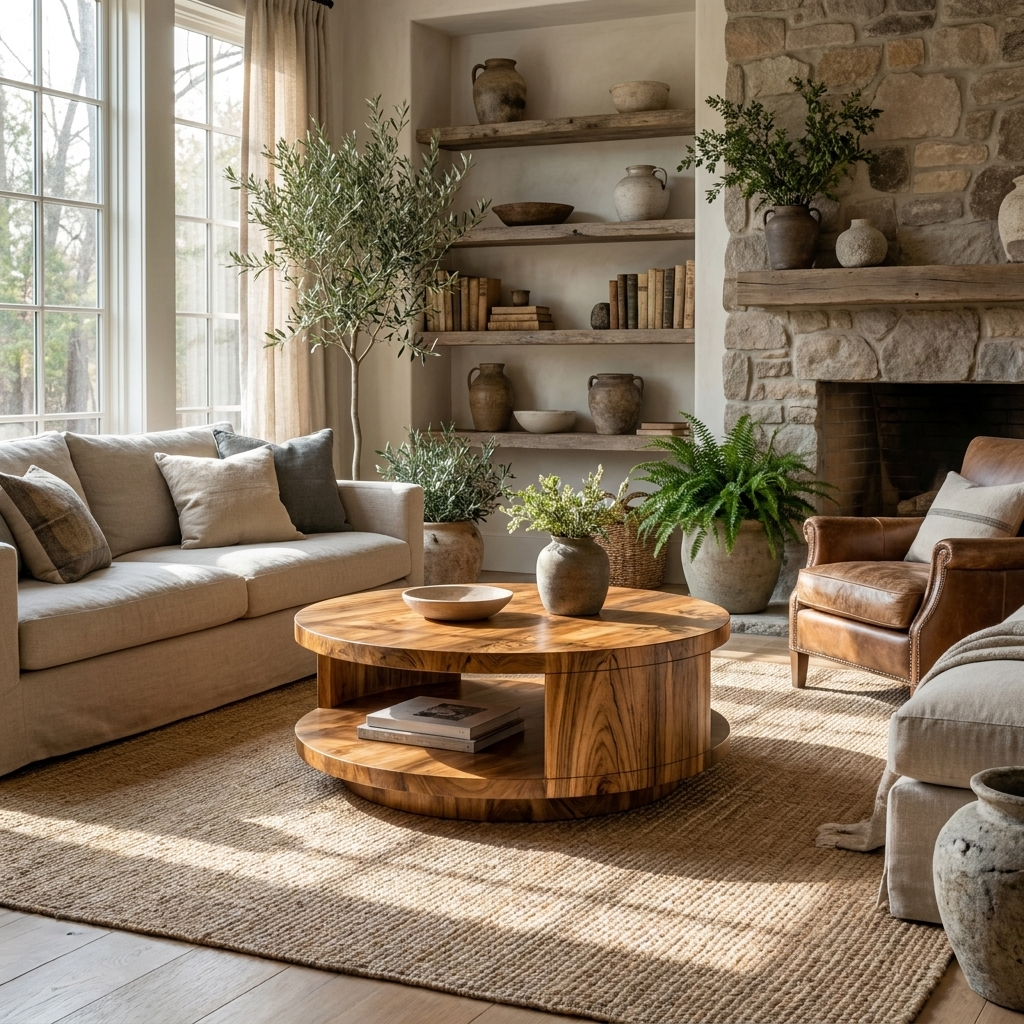Modern Round Solid Wood Coffee Table with Lower Shelf - view 3
