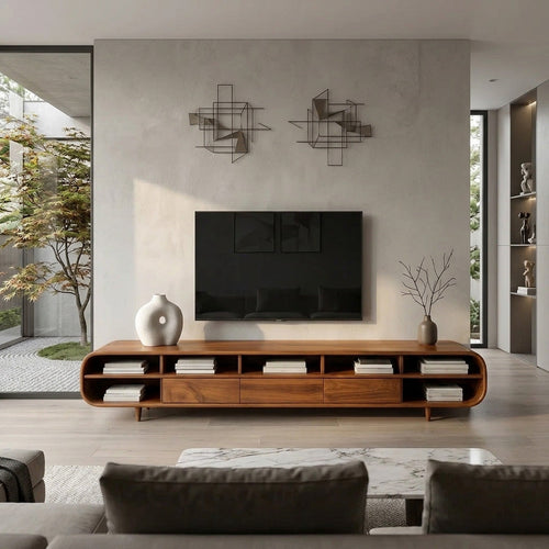 Mid-Century Solid Wood TV Cabinet with Drawers and Open Shelves - view 2