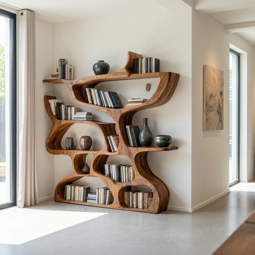 Organic Carved Solid Wood Bookshelf with Open Compartments in Brown finish