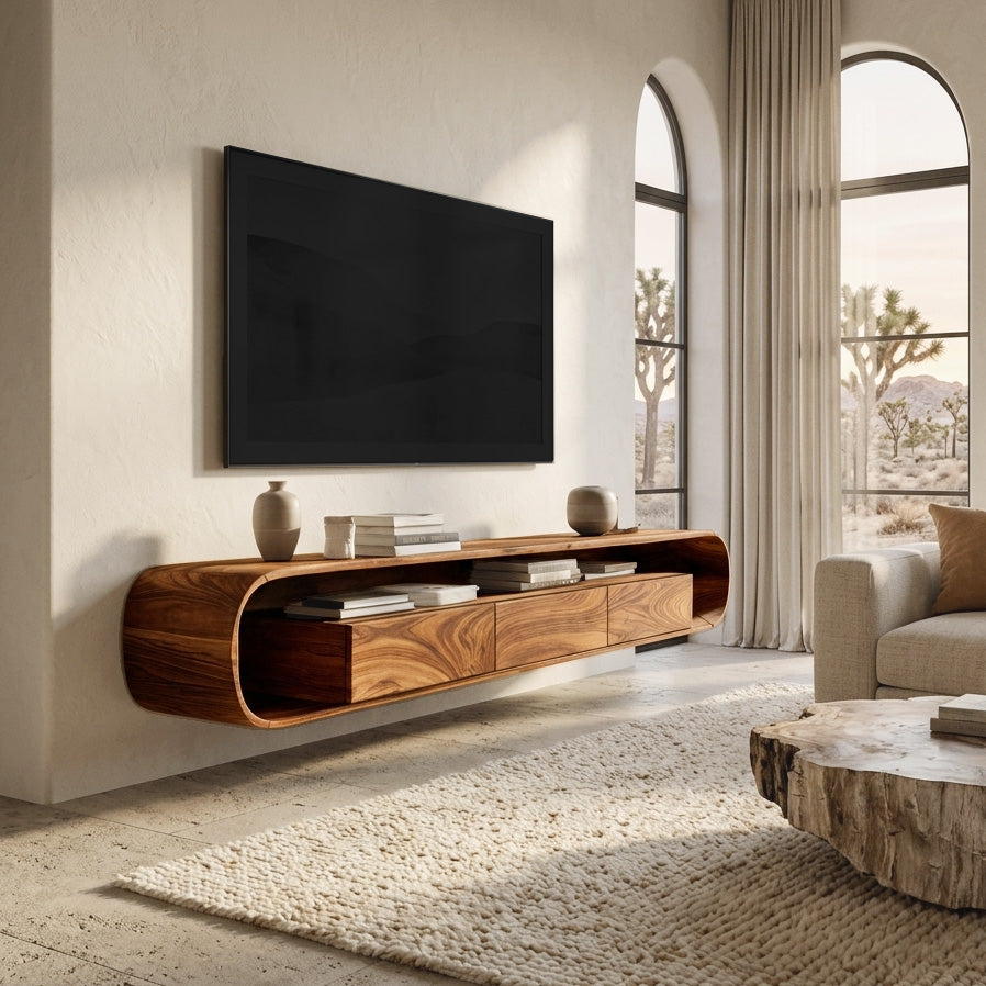 Organic Modern Floating Solid Wood TV Console with Drawers - view 3