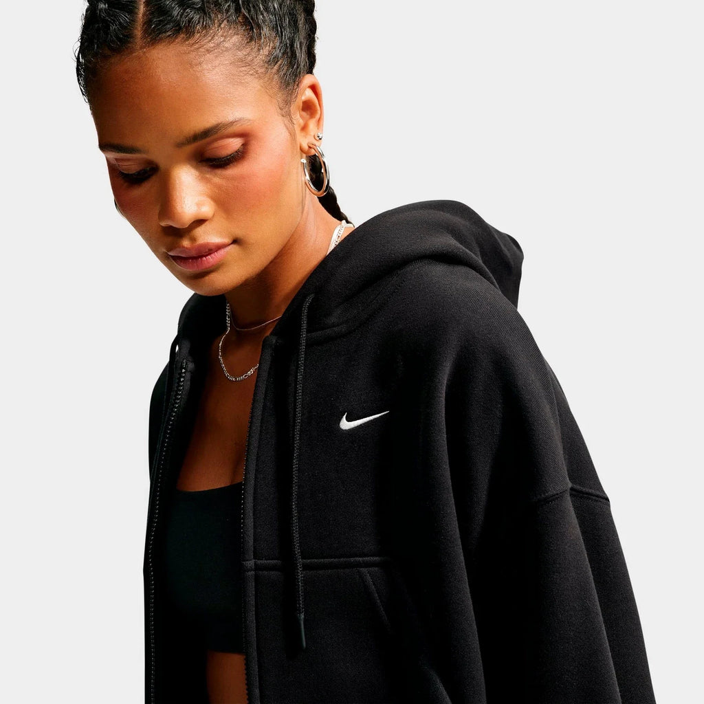 Women's Oversized Cropped Fleece Zip Hoodie - Black