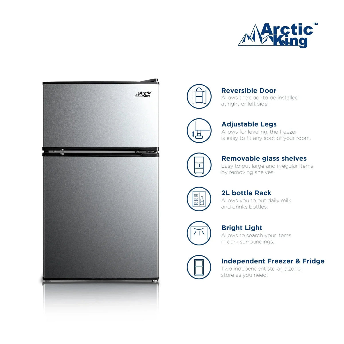 Arctic King Two-Door Mini Fridge With Freezer, 3.2 Cu. Ft., Stainless Steel