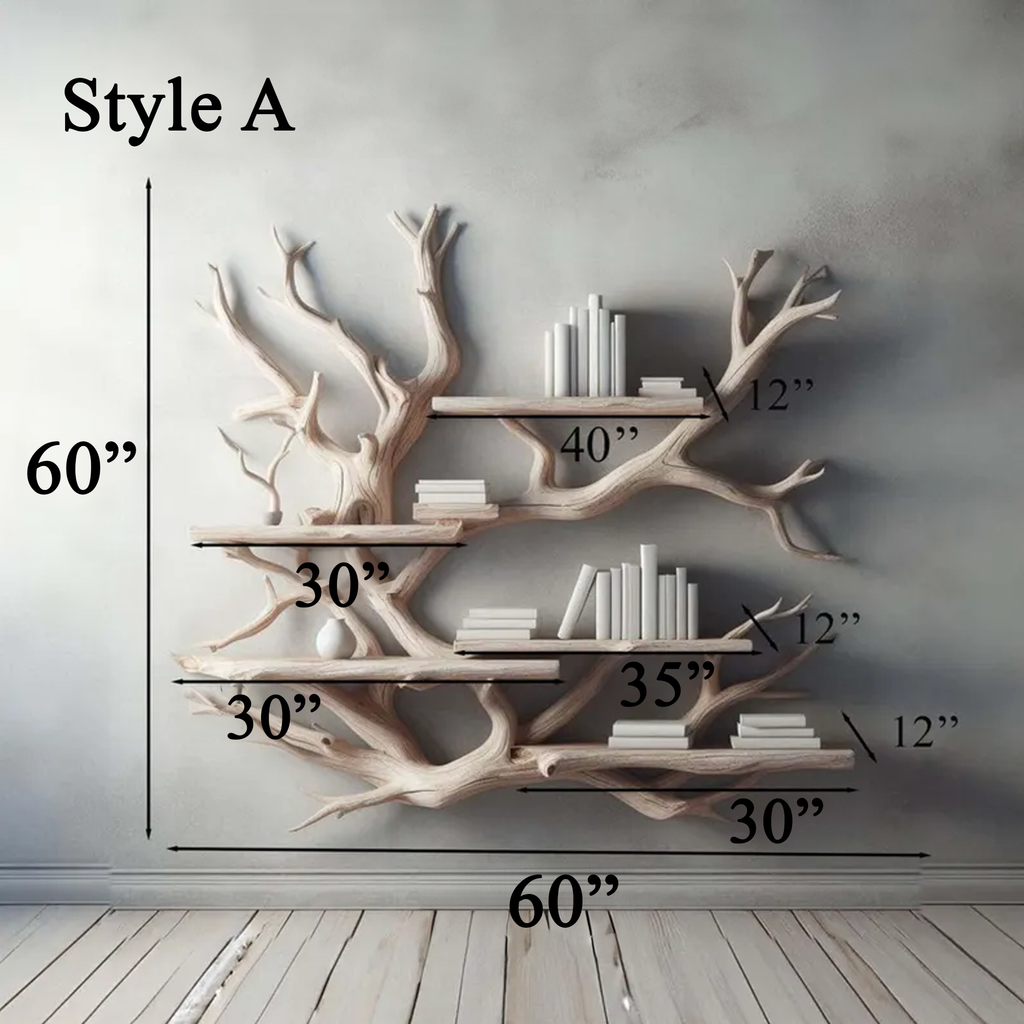 Rustic Driftwood Tree Wall Bookshelf for Home Office in Natural finish
