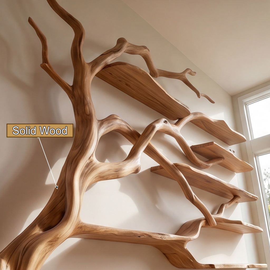 Solid Wood Tree Bookshelf with Wide Sculpted Branch Shelves - view 10