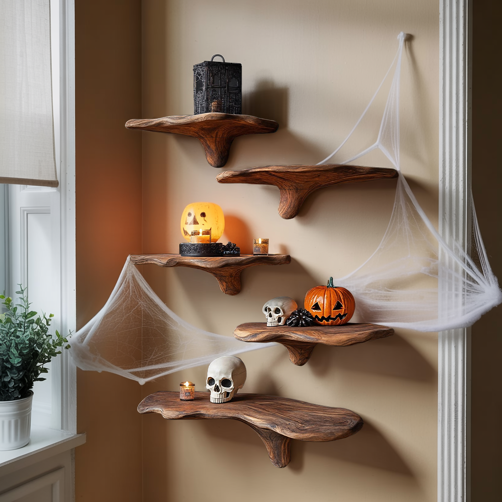 Live Edge Solid Wood Mushroom Floating Shelf, Mid-Century Style in Brown finish