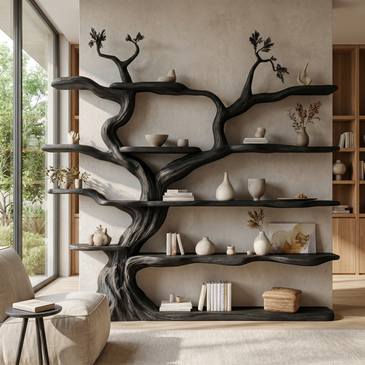 Sculpted Solid Wood Tree Bookshelf with Wall-Spanning Branch Shelves in Black finish