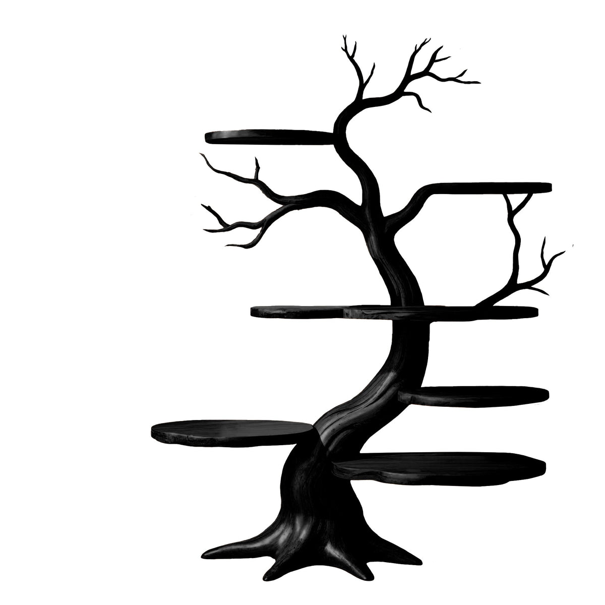 Sculpted Solid Timber Tree Bookshelf with Asymmetrical Shelves in Black finish