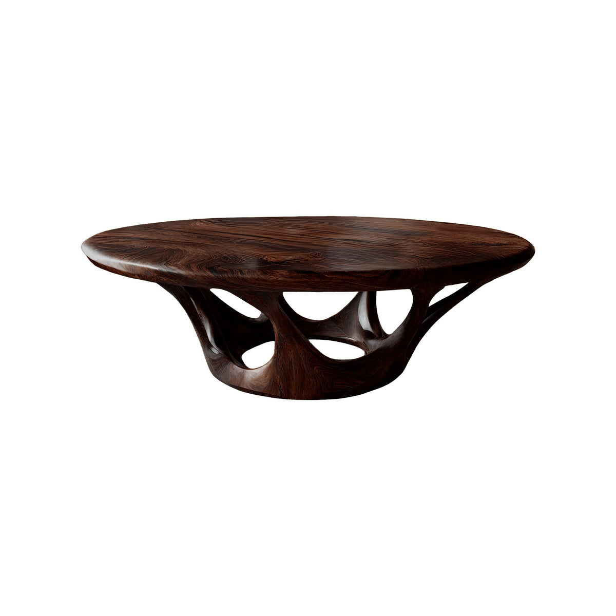 Sculpted Solid Wood Round Coffee Table with Hollowed Base in Dark Walnut finish